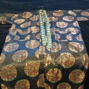 Embroidered Silk-Feel Mandarin Collar Robe in Navy with Gold Medallions